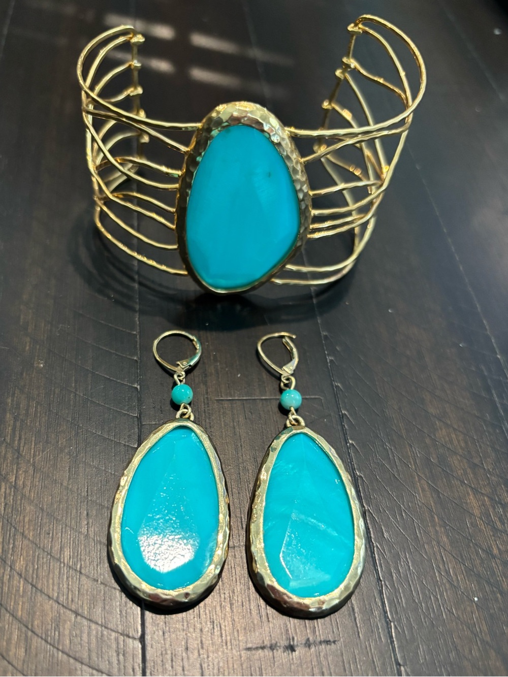 Vintage Boho Gold Cuff and Teardrop Earrings Set in Turquoise-Costume Jewelry